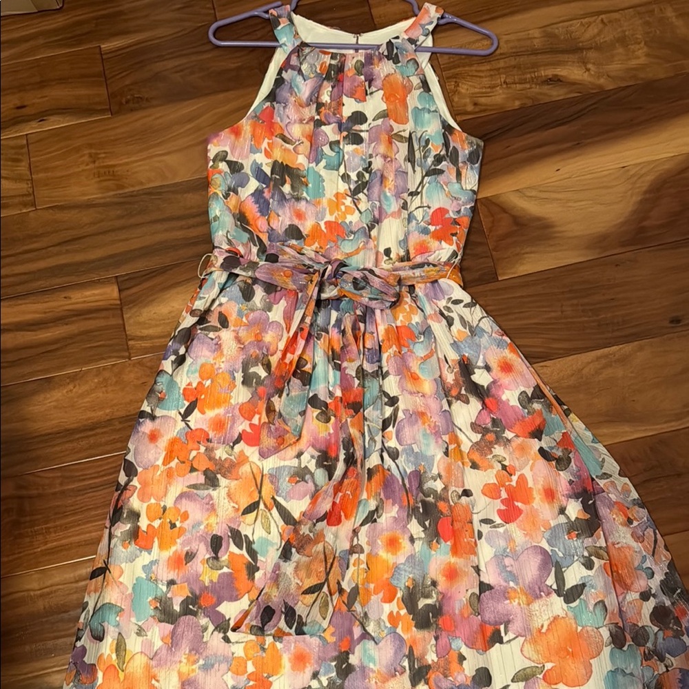 SLNY Orange and Pink Halter Sundress for Wedding Guest